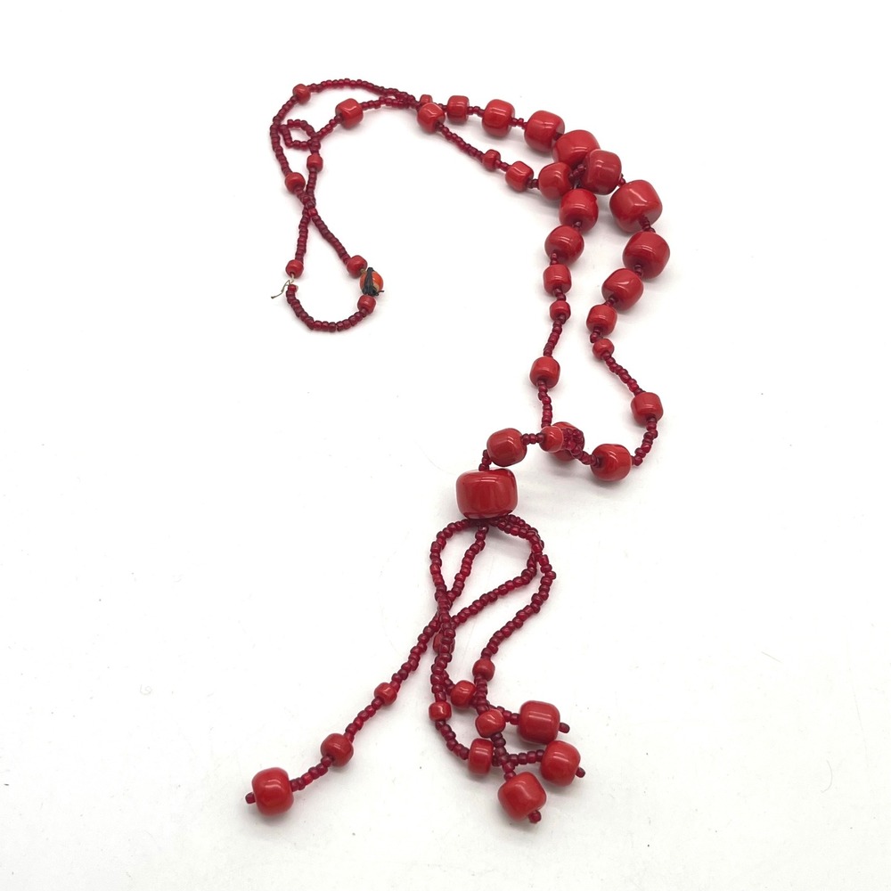 Vintage Red Beaded Lariat Necklace with Tassel Drop Bohemian Seed Bead Jewelry